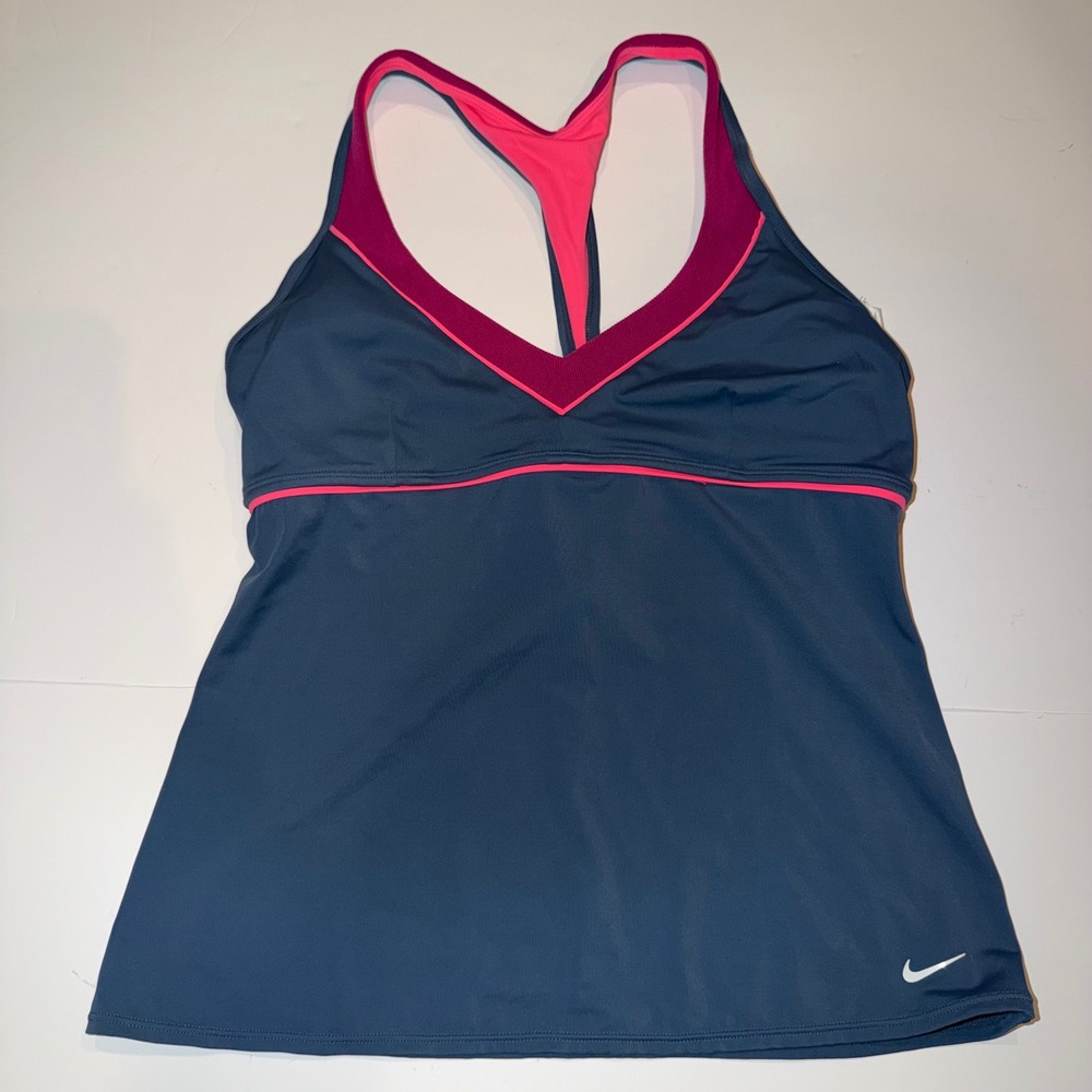 Nike Tankini Swim Top Women Size 12 Navy Blue Pink Racerback Athletic V-Neck